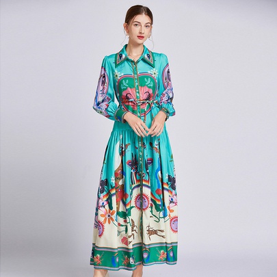 Women's Swing Dress Vintage Style Turndown Printing Long Sleeve Printing Maxi Long Dress Daily