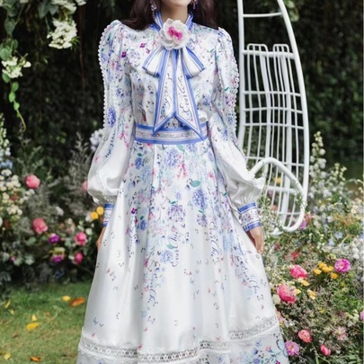 Women's Princess Dress Elegant High Neck Printing Zipper Long Sleeve Flower Bow Knot Maxi Long Dress Daily Date Tea Party