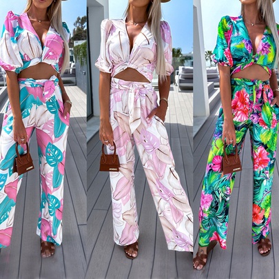 Daily Beach Women's Vacation Plant Flower Polyester Printing Zipper Pants Sets Pants Sets