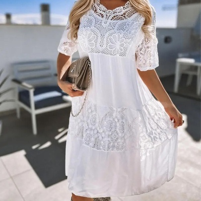 Women's Swing Dress Simple Style Round Neck Lace Short Sleeve Solid Color Above Knee Daily