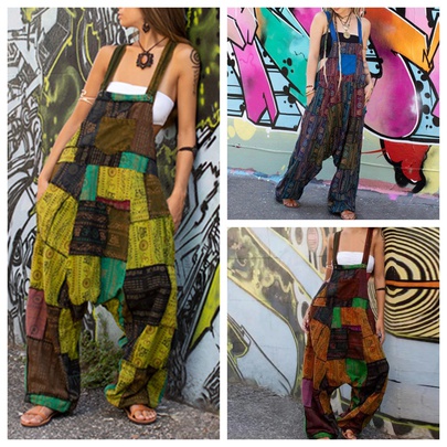 Women's Daily Party Vintage Style Color Block Full Length Printing Ruffles Jumpsuits