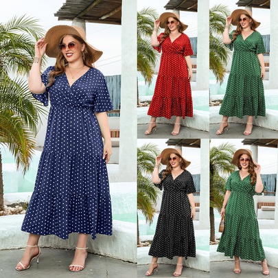 Women's Swing Dress Vacation V Neck Printing Short Sleeve Round Dots Midi Dress Outdoor Daily Beach
