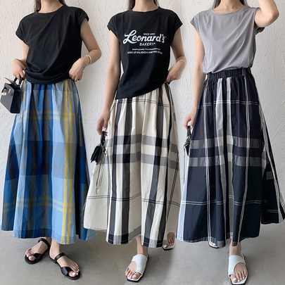 Summer Retro Classic Style Color Block Polyester Midi Dress Skirts