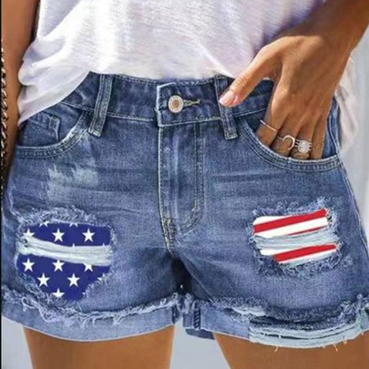 Women's Casual Daily Simple Style American Flag Shorts Printing Jeans
