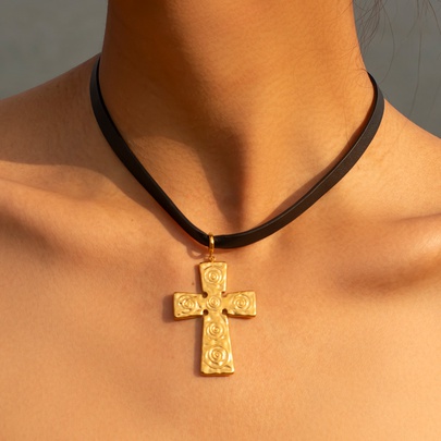 IG Style Simple Style Cross 304 Stainless Steel Leather Rope 18K Gold Plated Women's Pendant Necklace