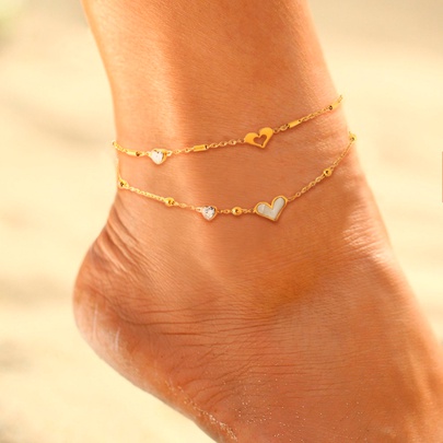 Casual Beach Round Heart Shape 304 Stainless Steel Plating Inlay Pearl Shell Zircon 18K Gold Plated Women's Anklet