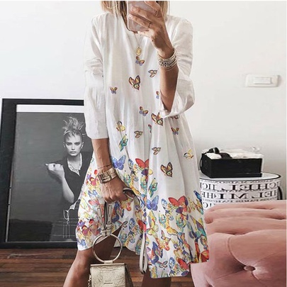 Women's Regular Dress Vacation Round Neck Printing Long Sleeve Ditsy Floral Butterfly Knee-Length Holiday Daily Beach