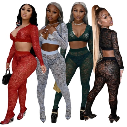 Nightclub Bar Women's Sexy Lace Polyester Hollow Out Pants Sets Pants Sets
