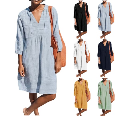 Women's Regular Dress Vacation V Neck Pocket Jacquard 3/4 Length Sleeve Solid Color Knee-Length Daily