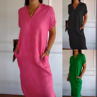Women's Regular Dress Vacation V Neck Pocket Short Sleeve Solid Color Midi Dress Holiday Daily Beach