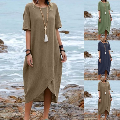 Women's Regular Dress Vacation Round Neck Short Sleeve Solid Color Midi Dress Daily Beach