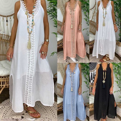 Women's Regular Dress Vacation V Neck Lace Sleeveless Solid Color Maxi Long Dress Holiday Daily Beach