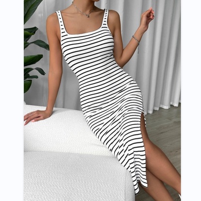 Women's Sheath Dress Simple Style U Neck Stripe Sleeveless Stripe Midi Dress Daily