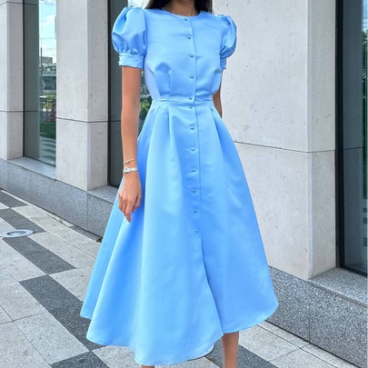 Women's Regular Dress Elegant Round Neck Button Short Sleeve Solid Color Midi Dress Holiday Daily