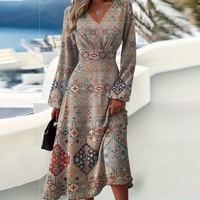 Women's Regular Dress Elegant V Neck Long Sleeve Printing Midi Dress Daily
