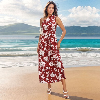 Women's Regular Dress Vacation Oblique Collar Printing Sleeveless Flower Midi Dress Holiday Daily Beach