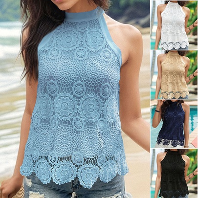 Women's Knitwear Sleeveless Tank Tops Rib-Knit Lace Vacation Solid Color