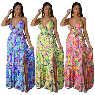 Women's Strap Dress Vacation Strap Printing Belt Sleeveless Flower Maxi Long Dress Daily Beach