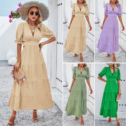 Women's Regular Dress Vacation V Neck Half Sleeve Solid Color Maxi Long Dress Daily Beach