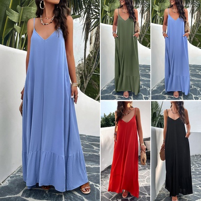 Women's Strap Dress Simple Style V Neck Sleeveless Solid Color Maxi Long Dress Daily