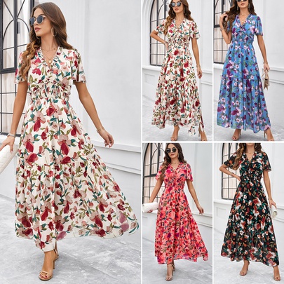 Women's Regular Dress Vacation V Neck Printing Short Sleeve Ditsy Floral Midi Dress Daily Beach