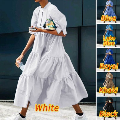 Women's Regular Dress Simple Style Standing Collar Pocket Short Sleeve Solid Color Maxi Long Dress Daily