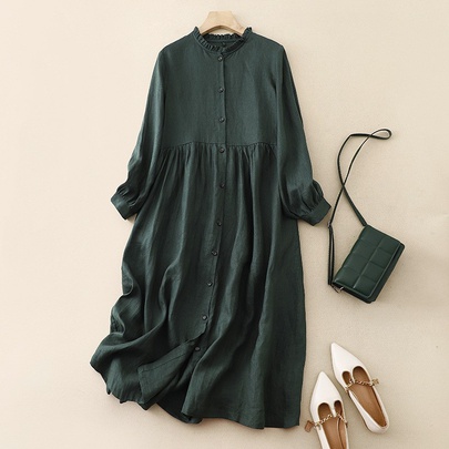 Women's Swing Dress Vintage Style Standing Collar Long Sleeve Solid Color Midi Dress Daily
