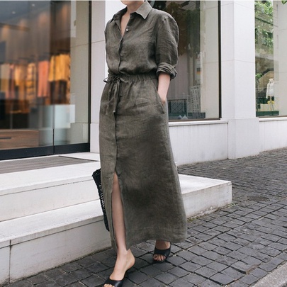 Women's Swing Dress Streetwear Turndown Long Sleeve Solid Color Maxi Long Dress Daily