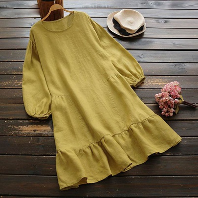 Women's Swing Dress Simple Style Round Neck Ruffles Long Sleeve Solid Color Knee-Length Daily