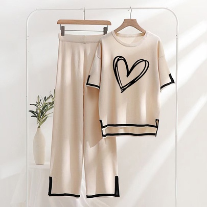Casual Simple Style Heart Shape Pants Sets Polyester Pants Sets Two-Piece Sets