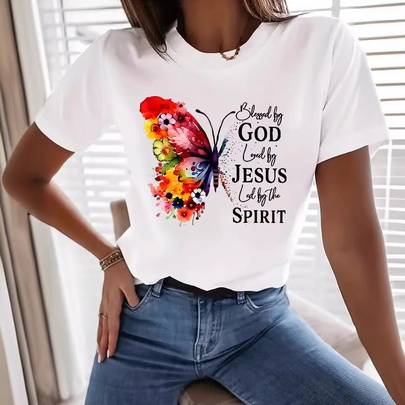 Women's T-shirt Short Sleeve T-Shirts Simple Style Letter Butterfly