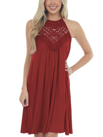 Women's Strap Dress Simple Style Halter Neck Lace Sleeveless Solid Color Midi Dress Daily