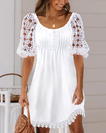 Women's Regular Dress Simple Style Round Neck Lace Short Sleeve Solid Color Midi Dress Holiday Daily
