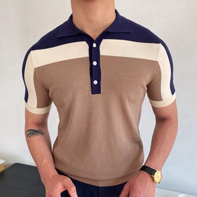 Men's Color Block Simple Style Turndown Short Sleeve Regular Fit Men's Tops