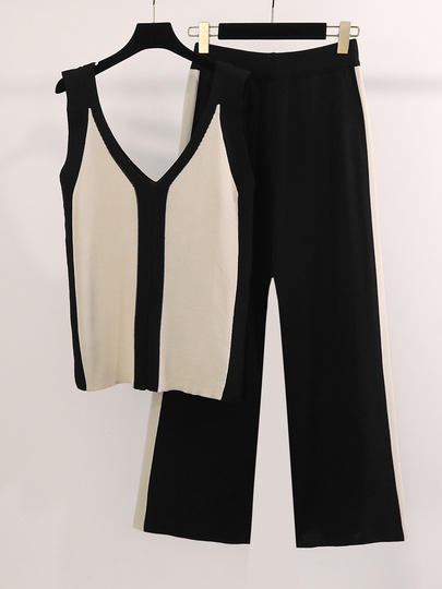 Daily Women's Vintage Style Color Block Polyester Pants Sets
