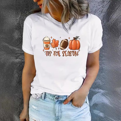 Women's T-shirt Short Sleeve T-Shirts Printing Streetwear Pumpkin Letter Maple Leaf