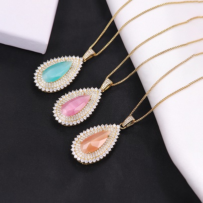 304 Stainless Steel 18K Gold Plated Casual Retro Inlay Water Droplets Glass Stone Zircon Pendant Necklace