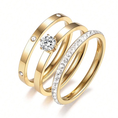 Elegant Solid Color 304 Stainless Steel Gold Plated Zircon Rings In Bulk