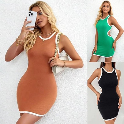 Women's Sheath Dress Streetwear Round Neck Jacquard Contrast Binding Sleeveless Solid Color Knee-Length Holiday Daily