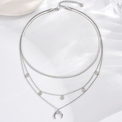 304 Stainless Steel Elegant Round Moon Three Layer Necklace