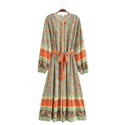 Women's Regular Dress Vacation Round Neck Printing Contrast Binding Long Sleeve Ditsy Floral Maxi Long Dress Holiday Daily