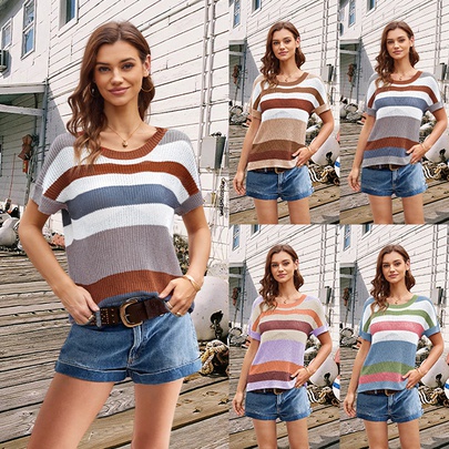 Streetwear Color Block T-Shirts Knit Patchwork Contrast Binding T-shirt Tops