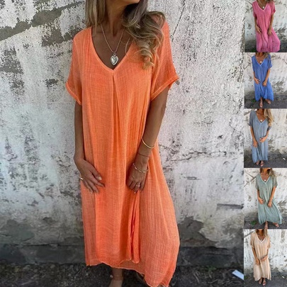 Casual Solid Color Maxi Dresses Linen Regular Dress Midi Dress Dresses