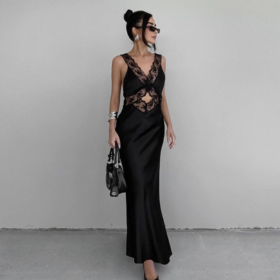 Women's Trumpet Dress Simple Style V Neck Lace Sleeveless Solid Color Maxi Long Dress Holiday