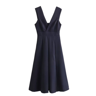 Women's Tank Dress Elegant V Neck Zipper Sleeveless Stripe Solid Color Maxi Long Dress Daily