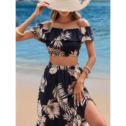 Vacation Flower Skirt Sets Polyester Printing Lettuce Trim Skirt Sets Two-Piece Sets