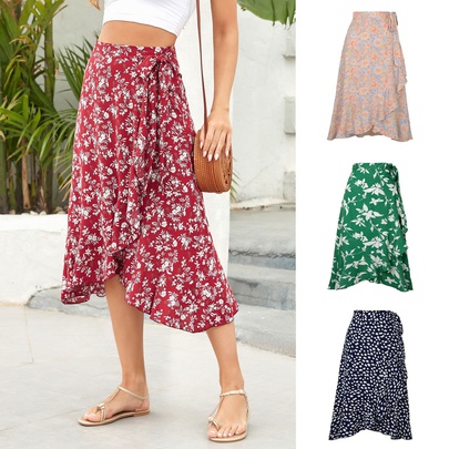 Summer Spring Casual Printing Cotton Blend Polyester Maxi Long Dress Skirts