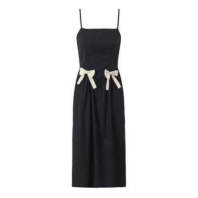 Women's Strap Dress British Style Strap Zipper Sleeveless Solid Color Bow Knot Midi Dress Daily