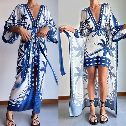 Women's Regular Dress Elegant V Neck Printing Half Sleeve Printing Maxi Long Dress Daily