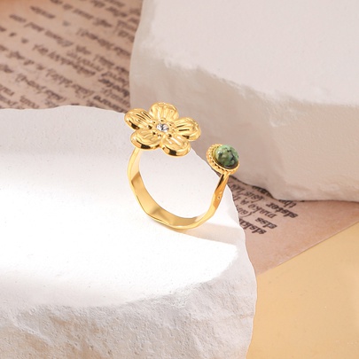 304 Stainless Steel 18K Gold Plated Cute Simple Style Flower Natural Stone Turquoise Zircon Open Rings